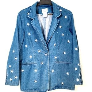 Vintage 90s/Y2K Country Glam Cowgirl Rodeo Rhinestone Stars Denim Blazer Sz L